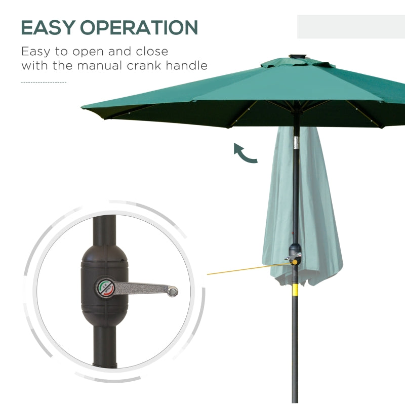 Outsunny 2.7m Garden Parasol, Patio LED Umbrella with Push Button Tilt/Crank 8 Rib Sun Shade for Outdoor Table Market Umbrella Green