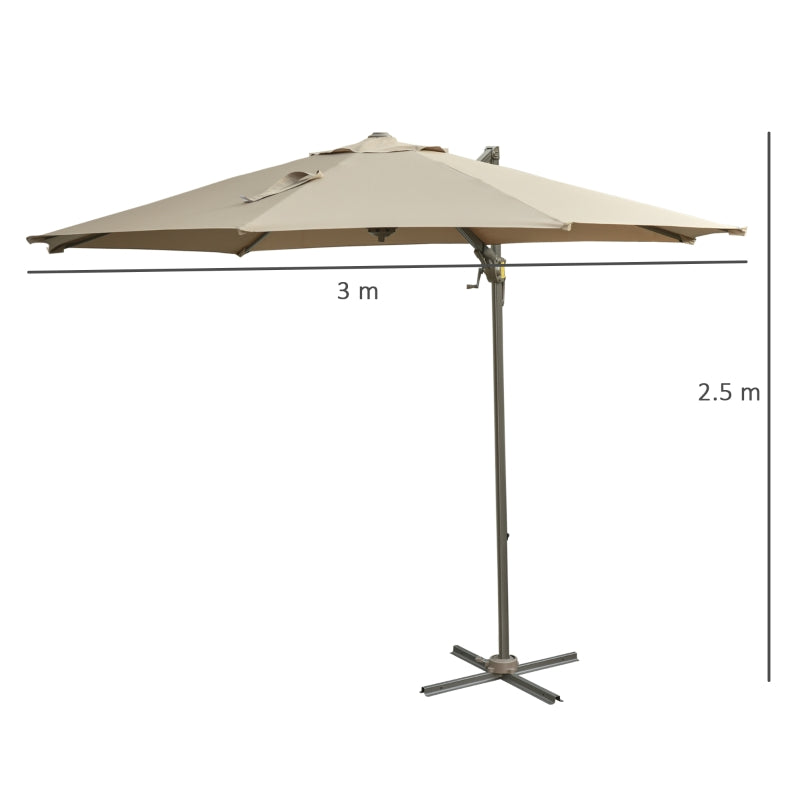 Outsunny 3M Cantilever Patio Parasol Roma Umbrella Hanging Sun Shade Canopy Cover Tilt Crank 360 Degree Rotating System Khaki