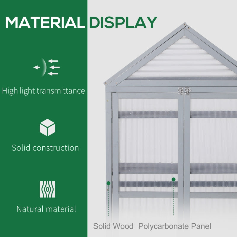 Outsunny 3-Tier Wooden Cold Frame Greenhouse Garden Polycarbonate Grow House w/ Adjustable Shelves, Double Doors, 80 x 47 x 138cm, Grey