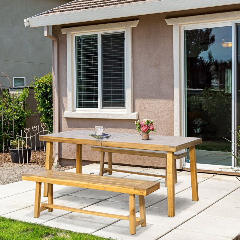 Outsunny 3 Pieces Garden Dining Set, Outdoor 4 Seater Acacia Wood Table and Loveseats, Natural Wood Finish