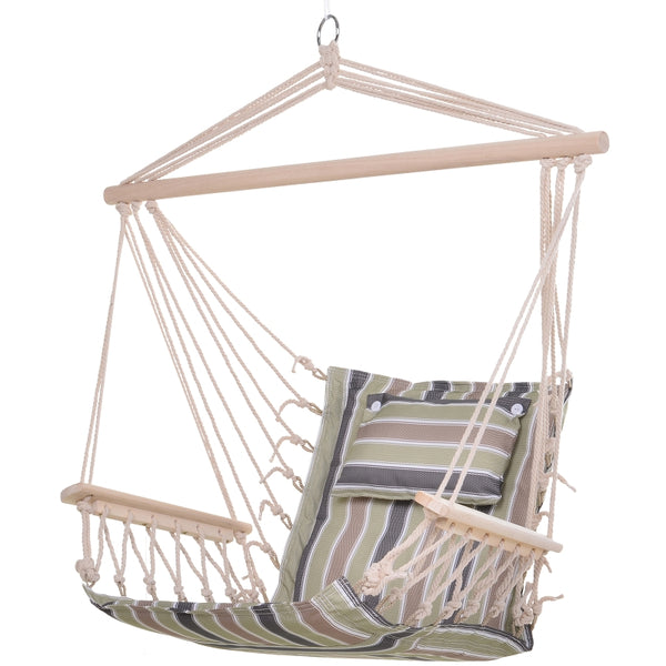 Outsunny Garden Outdoor Hanging Hammock Chair Thick Rope Frame Wooden Arms Safe Wide Seat Garden Outdoor Spot Stylish Multicoloured stripes