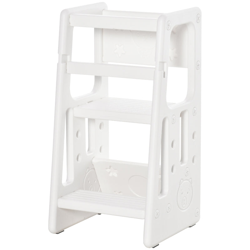 HOMCOM Kids Step Stool Adjustable Standing Platform Toddler Kitchen Stool -Standing Tower for Kids Kitchen Learning w/ Three Adjustable Heights, White