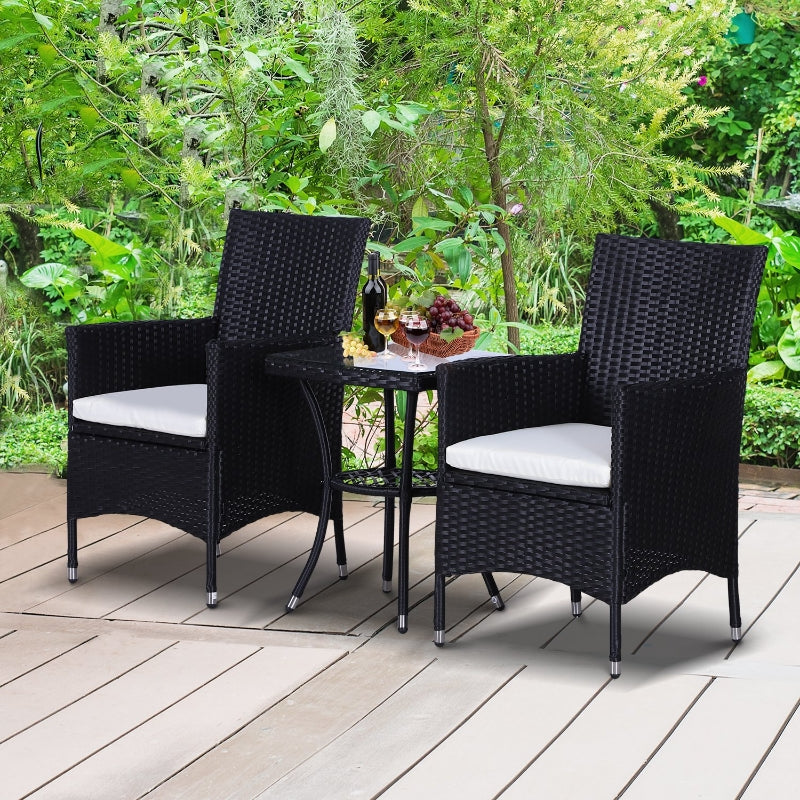 Outsunny Garden Outdoor Rattan Furniture Bistro Set 3 PCs Patio Weave Companion Chair Table Set Conservatory (Black)