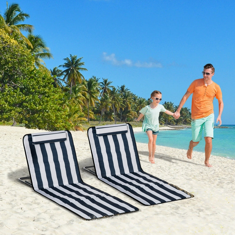 Outsunny Set of 2 Foldable Garden Beach Chair Mat Lightweight Outdoor Sun Lounger Seats Adjustable Back Metal Frame PE Fabric Head Pillow, Blue