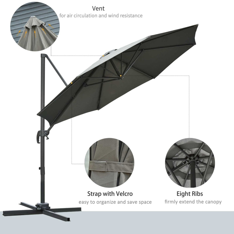 Outsunny 3(m) Patio Offset Parasol Roma Umbrella Cantilever Hanging Sun Shade Canopy Shelter 360° Rotation with Cross Base - Dark Grey