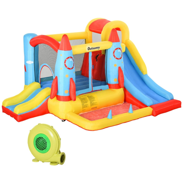 Outsunny Kids Bounce Castle House Inflatable Trampoline Slide Water Pool 3 in 1 with Blower for Kids Age 3-10 Rocket Design 3.3 x 2.65 x 1.85m