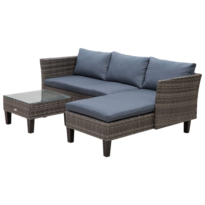 Outsunny 4-Seater Garden Sofa PE Rattan Set w/ 2 Seats Square Glass Top Coffee Table Thick Cushions Solid Legs Metal Frame Patio L Corner Shape, Grey