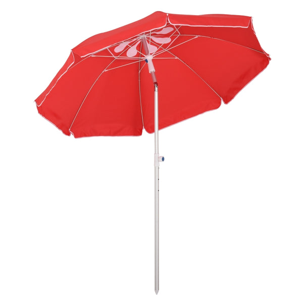 Outsunny 1.9m Arced Beach Umbrella 3-Angle Canopy Parasol w/ Aluminium Frame Pointed Spike Carry Bag Outdoor Sun Safe Shelter Patio Red