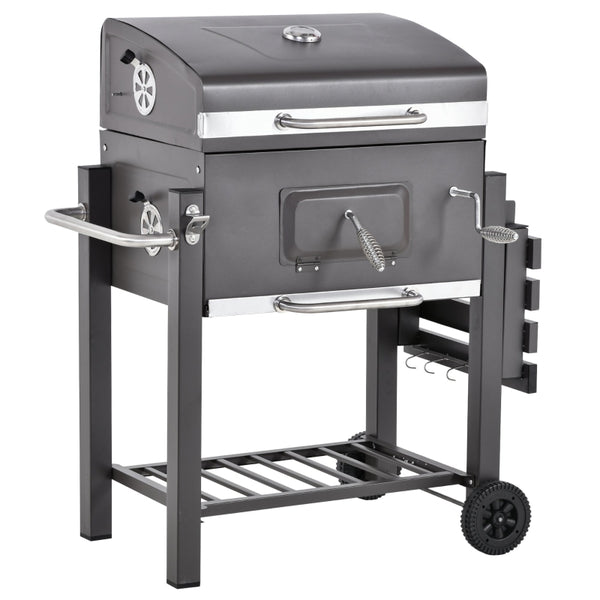 Outsunny Charcoal Grill BBQ Trolley Backyard Garden Smoker Barbecue w/ Shelf Side Table Wheels Built-in Thermometer