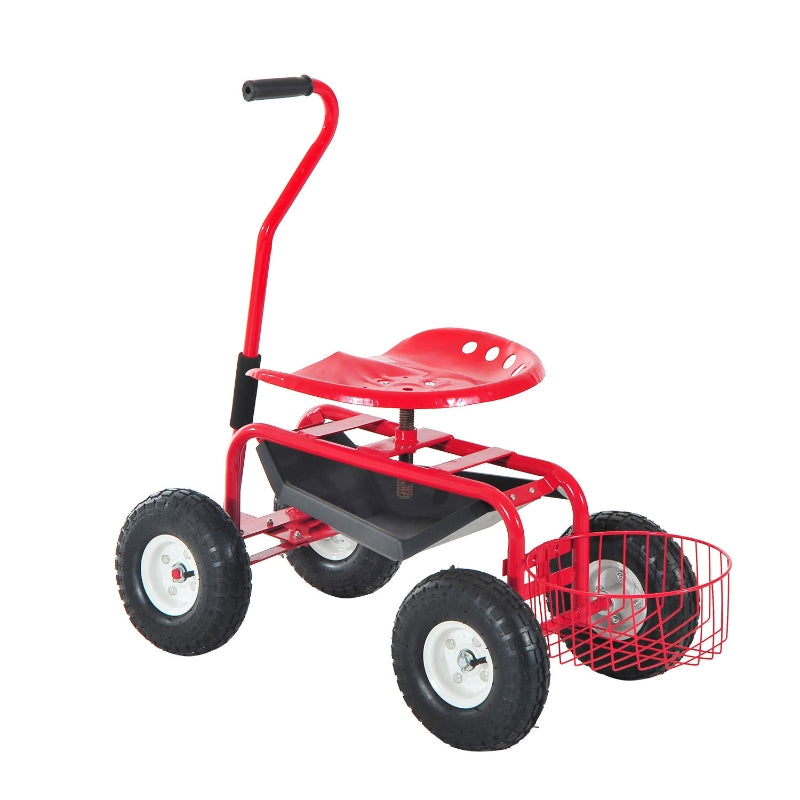 Outsunny Adjustable Rolling Garden Cart Outdoor Garden Planting Station Trolley Swivel Gardener Work Seat Heavy Duty w/ Tool Tray & Basket Red 150kg