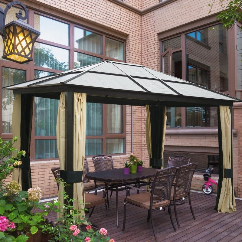 Outsunny 3.6 x 3(m) Hardtop Gazebo Canopy with Polycarbonate Roof and Aluminium Frame, Garden Pavilion with Mosquito Netting and Curtains, Brown