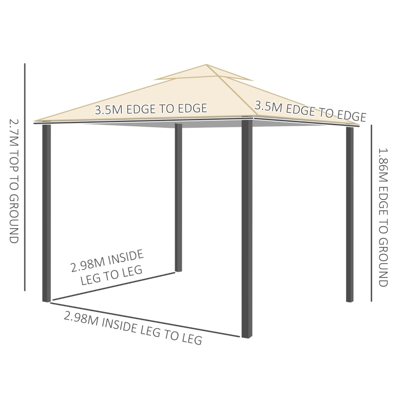 Outsunny 3.5x3.5m Side-Less Outdoor Canopy Tent Gazebo w/ 2-Tier Roof Steel Frame Garden Party Gathering Shelter Beige