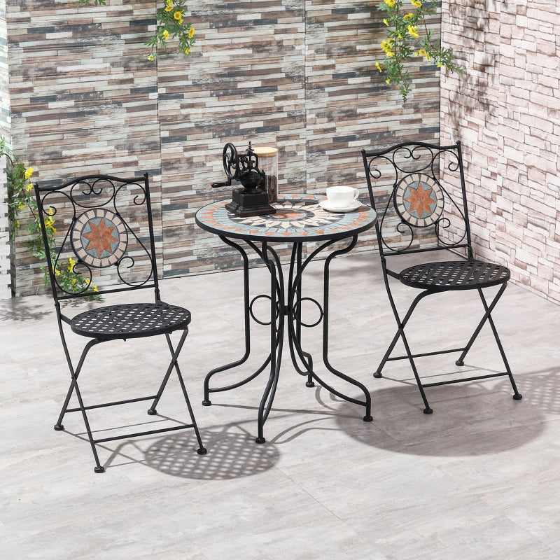 Outsunny 3 Piece Garden Bistro Set, Folding Patio Chairs and Mosaic Round Tabletop for Outdoor, Metal, Balcony, Poolside, Light Blue