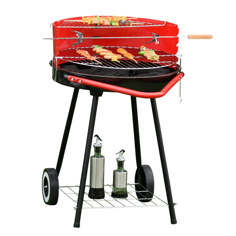 Outsunny Charcoal Barbecue Grill Garden BBQ Trolley w/ Adjustable Grill Pan Height, Wheels and 3 layers, Red