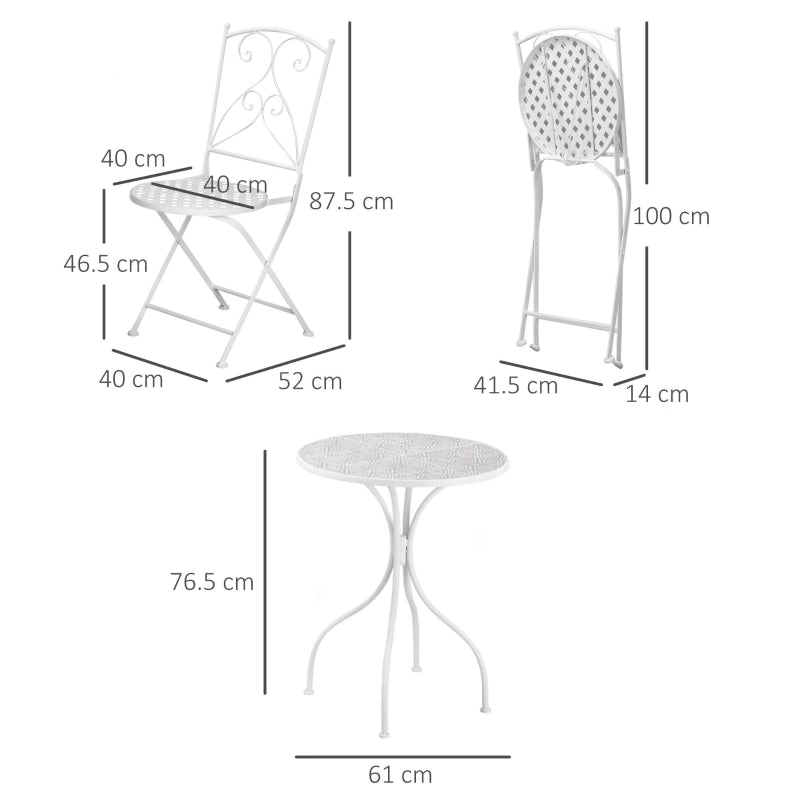 Outsunny 3 Piece Garden Bistro Set, Folding Outdoor Chairs and Mosaic Round Tabletop for Outdoor, Metal, Balcony, Poolside, White