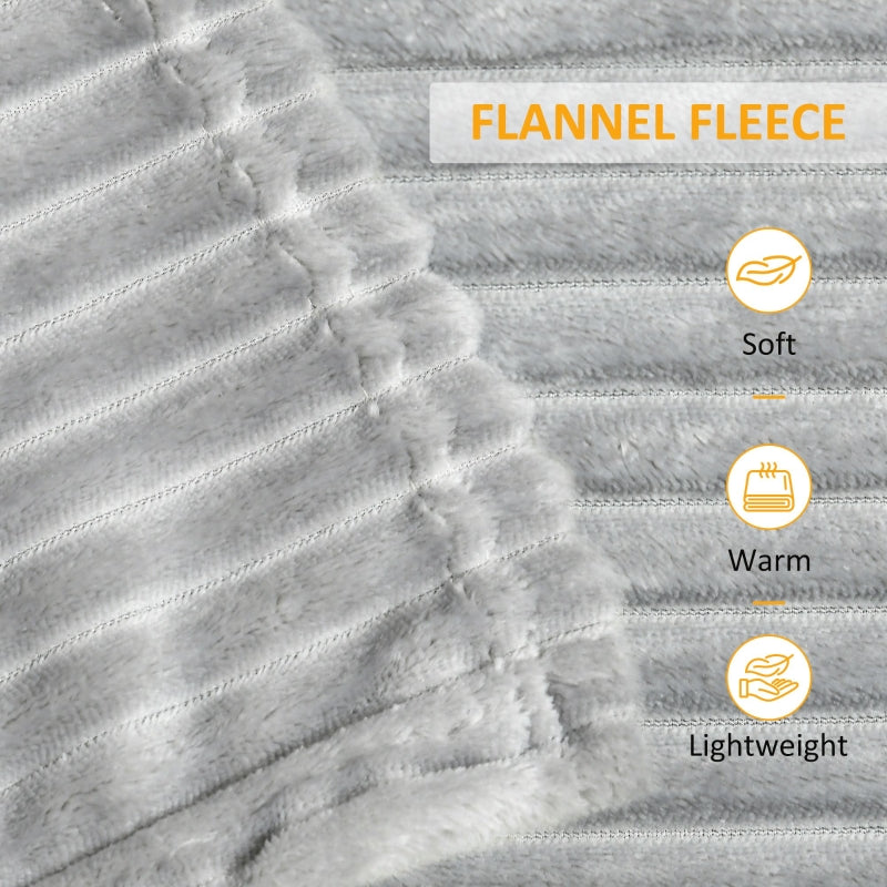 HOMCOM Flannel Fleece Throw Blanket, Fluffy Warm Flannel Blankets, Striped Reversible Travel Bedspread, Single Size, 152 x 127cm, Grey