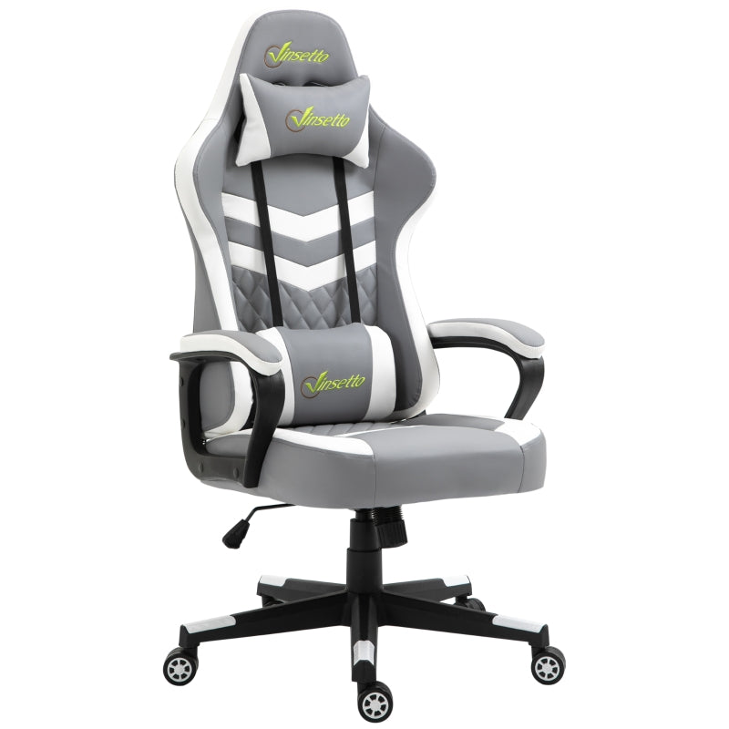 Vinsetto Racing Gaming Chair with Lumbar Support, Headrest, Swivel Wheel, PVC Leather Gamer Desk Chair for Home Office, Grey White