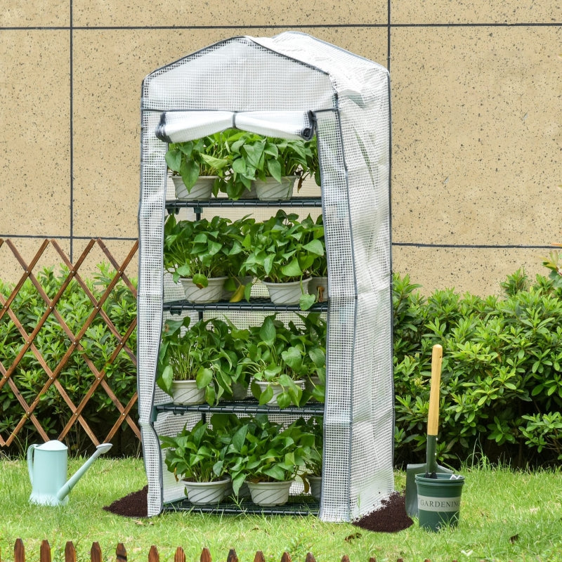 Outsunny 4 Tiers Mini Portable Greenhouse Plant Grow Shed Metal Frame PE Cover 160H x 70L x 50Wcm, White