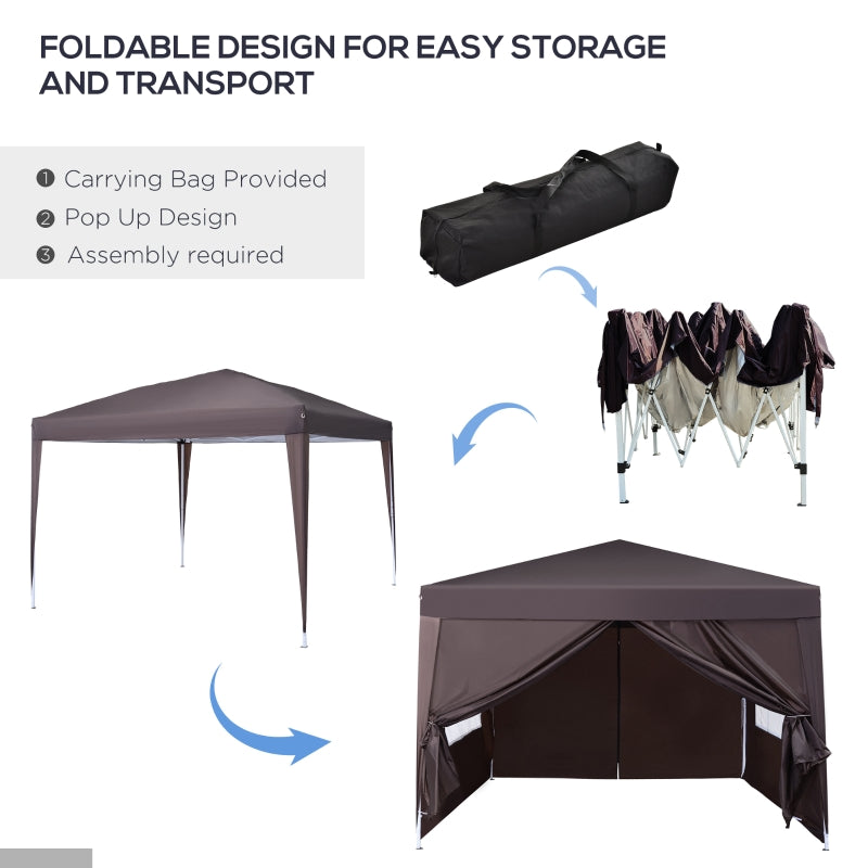 Outsunny 3 x 3 Meters Pop Up Water Resistant Gazebo Wedding Camping Party Tent Canopy Marquee - Coffee + Free Carry Bag + 2 walls 2 windows