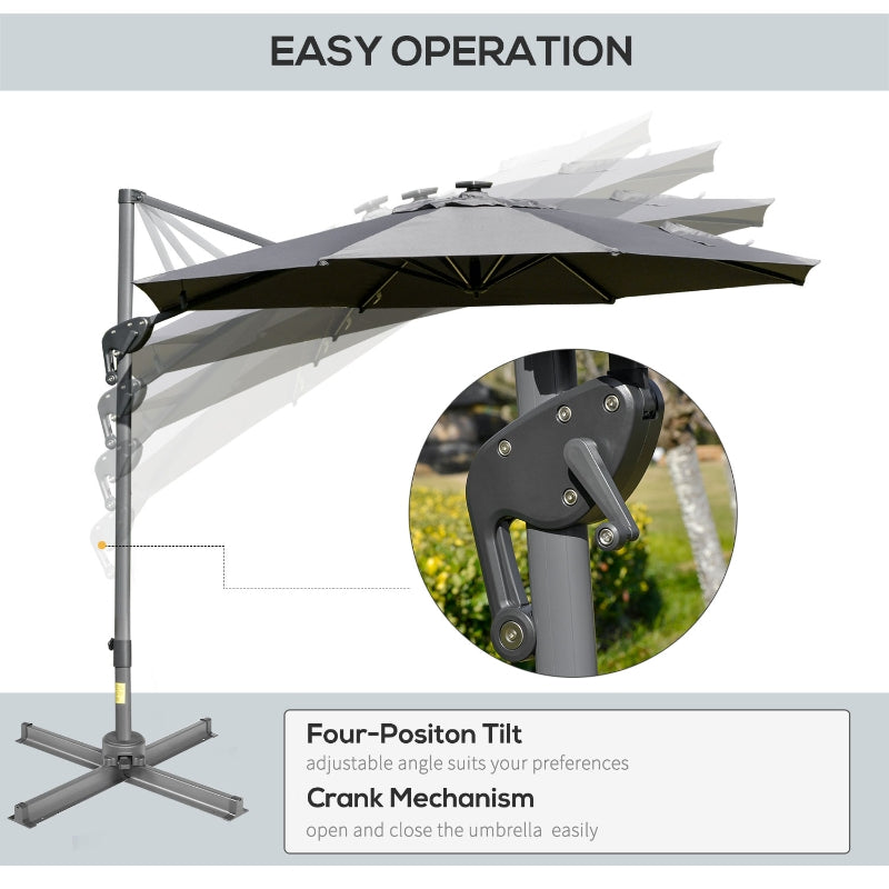 Outsunny 3m Cantilever Roma Parasol Adjustable Garden Sun Umbrella with LED Solar Light Cross Base Rotating Outdoor- Grey