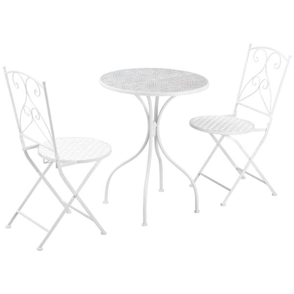 Outsunny 3 Piece Garden Bistro Set, Folding Outdoor Chairs and Mosaic Round Tabletop for Outdoor, Metal, Balcony, Poolside, White