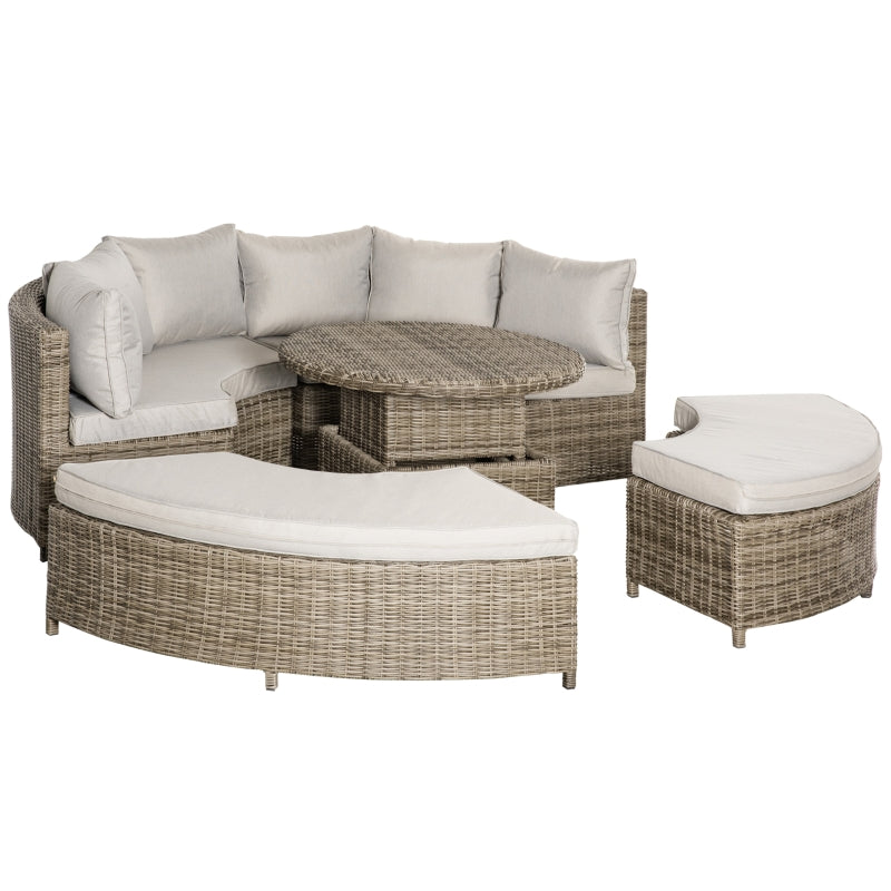 Outsunny 6-Seater Outdoor PE Rattan Patio Furniture Set Lounge Chair Round Daybed Liftable Coffee Table Conversation Set w/ Olefin Cushion, Grey