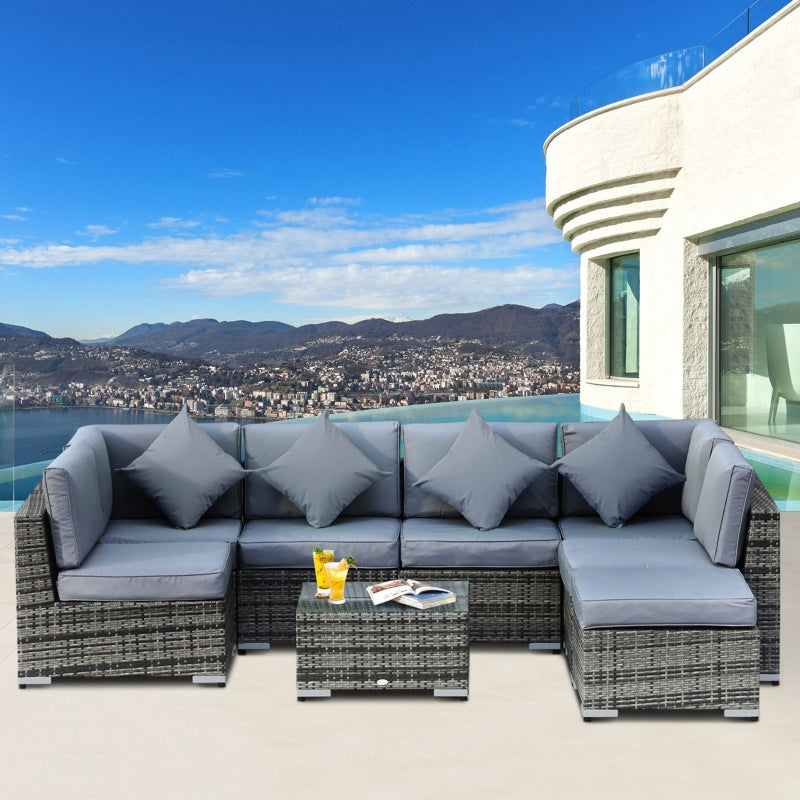 Outsunny 7-Seater Rattan Sofa Set Garden Furniture Aluminium Patio Set Wicker Seater w/Table, Grey