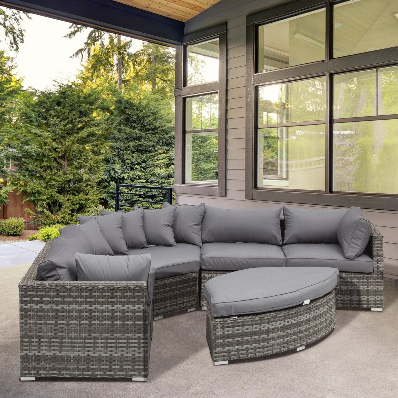 Outsunny 6-Seater Outdoor Rattan Wicker Sofa Set Half Round Patio Conversation Furniture Set w/ Cushions Grey