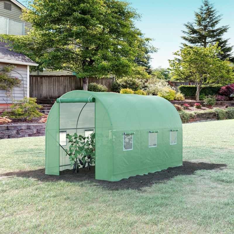 Outsunny 3.5 x 2 x 2 m Polytunnel Greenhouse, Walk in Pollytunnel Tent with Steel Frame, PE Cover, Roll Up Door and 6 Windows, Green