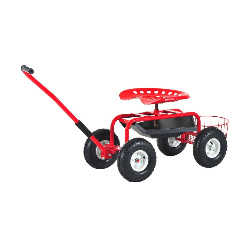 Outsunny Adjustable Rolling Garden Cart Outdoor Garden Planting Station Trolley Swivel Gardener Work Seat Heavy Duty w/ Tool Tray & Basket Red 150kg