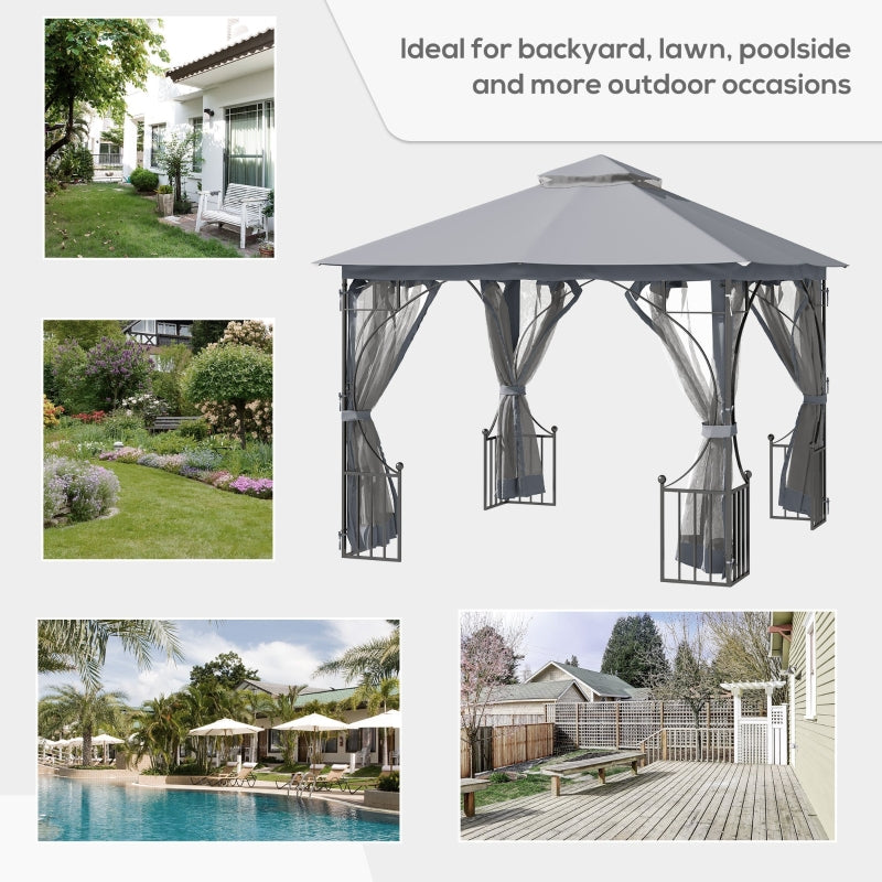 Outsunny 3 x 3 M Garden Gazebo Patio Party Tent Shelter Outdoor Canopy Double Tier Sun Shade Metal Frame Light Grey