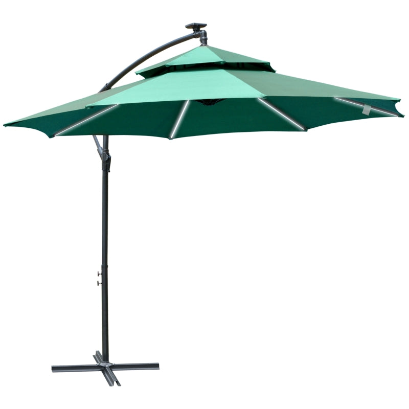 Outsunny 3(m) Cantilever Parasol Banana Hanging Umbrella with Double Roof, LED Solar lights, Crank, 8 Sturdy Ribs and Cross Base Green