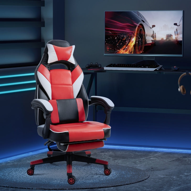 Vinsetto Cool & Stylish Gaming Chair Ergonomic Recliner w/ Thick Padding Footrest Neck & Back Pillow 5 Wheels Racing Swivel Height Adjustable Red