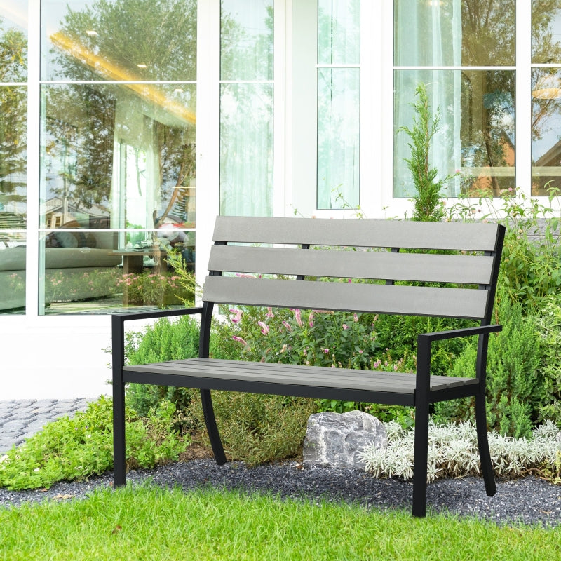 Outsunny 2 Seater Garden Bench, Slatted Outdoor Bench with Steel Frame, Garden Loveseat, 122 x 65 x 92 cm, Grey