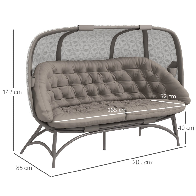 Outsunny Folding Outdoor Egg Chair, Hollow Design 3 Seater Garden Furniture Chair w/ Flower Pattern Bottle Holder Bags for Indoor Outdoor, Sand Brown