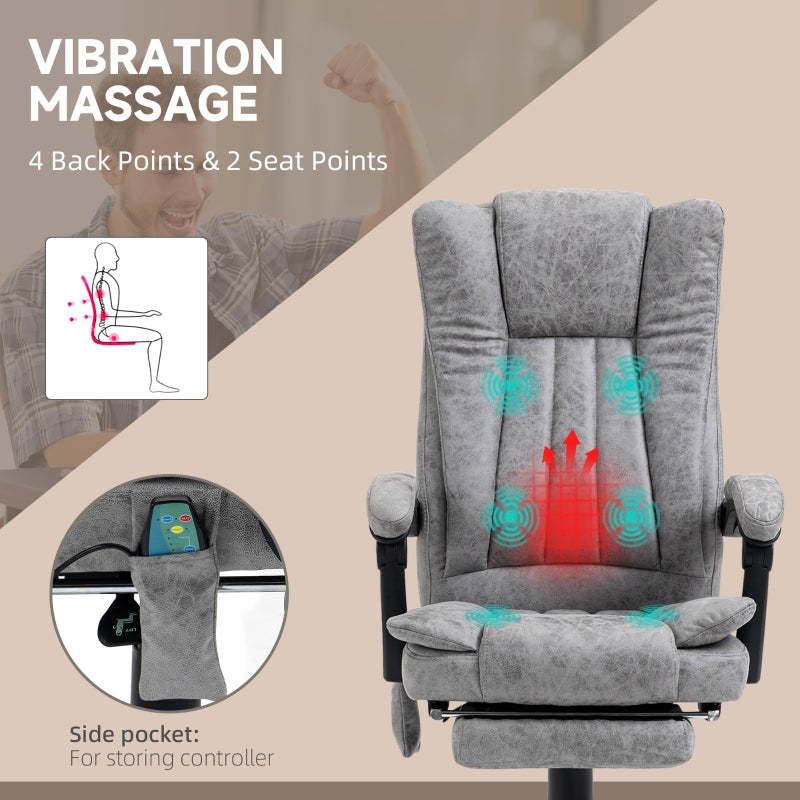 Vinsetto 6-point Vibrating Heat Massage Chair Micro Fibre Upholstery w/ Manual Footrest Padding High Back Remote Wheels Swivel Chair Reclining Grey