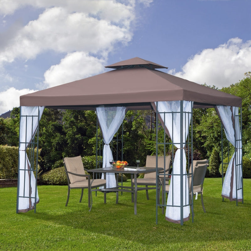 Outsunny 3 x 3(m) Patio Gazebo Canopy Garden Pavilion Tent Shelter with 2 Tier Roof and Mosquito Netting, Steel Frame, Coffee