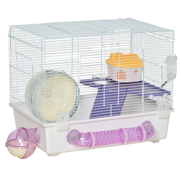 PawHut Hamster Cage, Gerbil Haven, Multi-storey Rodent House, Small Animal Habitats, Large Hide-out, w/ Water Bottle, White