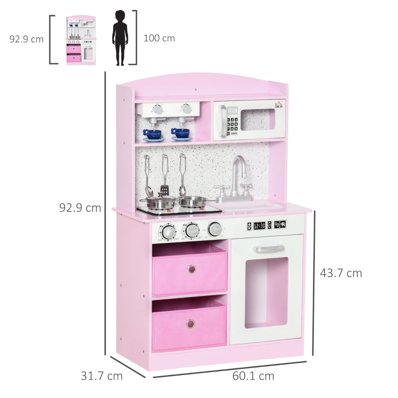 HOMCOM Wooden Play Kitchen with Lights and Sound, Kids Kitchen Playset with Coffee Maker Microwave Sink Utensils Storage Bins, Pretend Role Play Pink