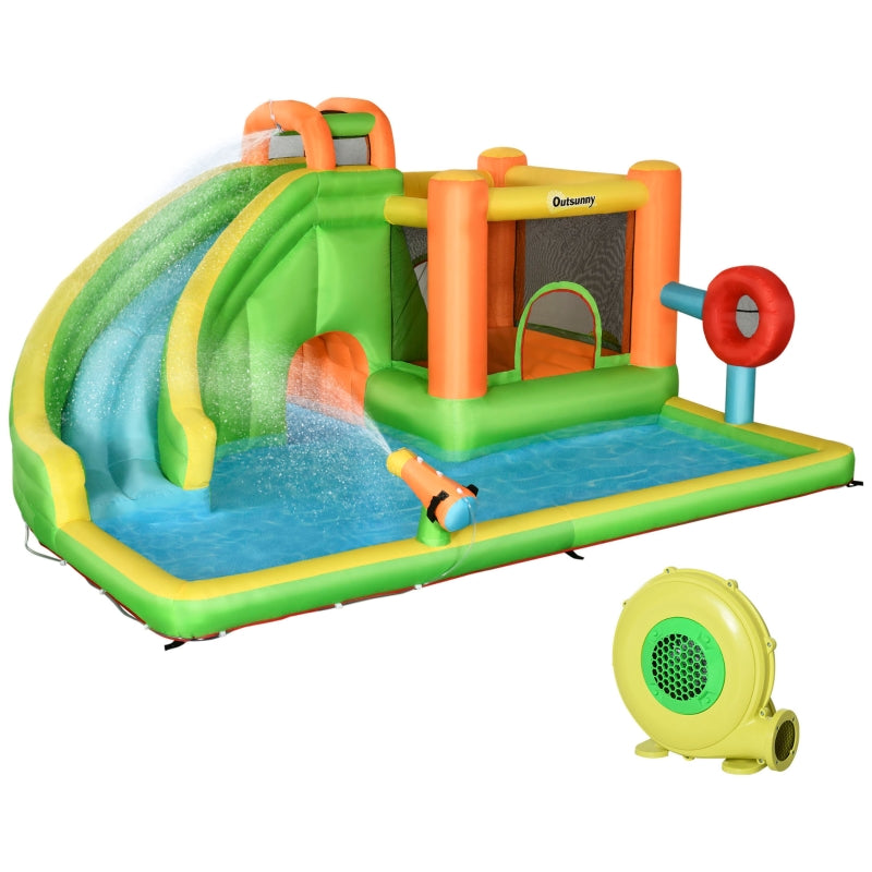 Outsunny 7 in 1 Kids Bouncy Castle Water Slide Bounce House Includes Slide, Trampoline, Pool, Water Gun, Ball-target, Boxing Post Tunnel w/Air Blower