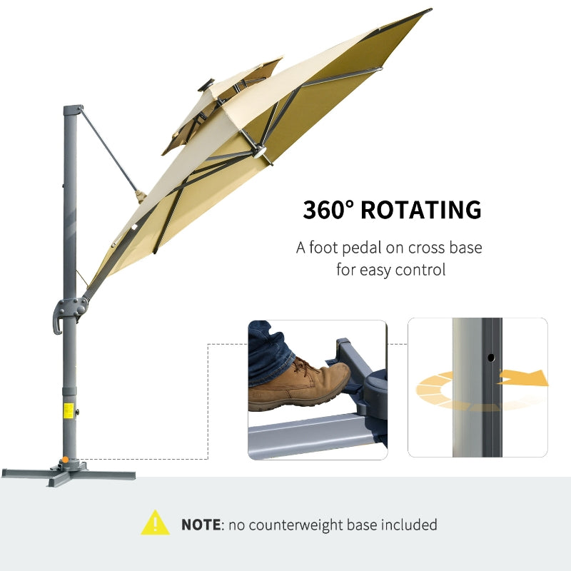 Outsunny 3m Cantilever Parasol w/ Solar Lights Power Bank Cross Base Adjustable Canopy 360° Spin Outdoor Garden Umbrella 2-Tier Roof Sun Shade Khaki