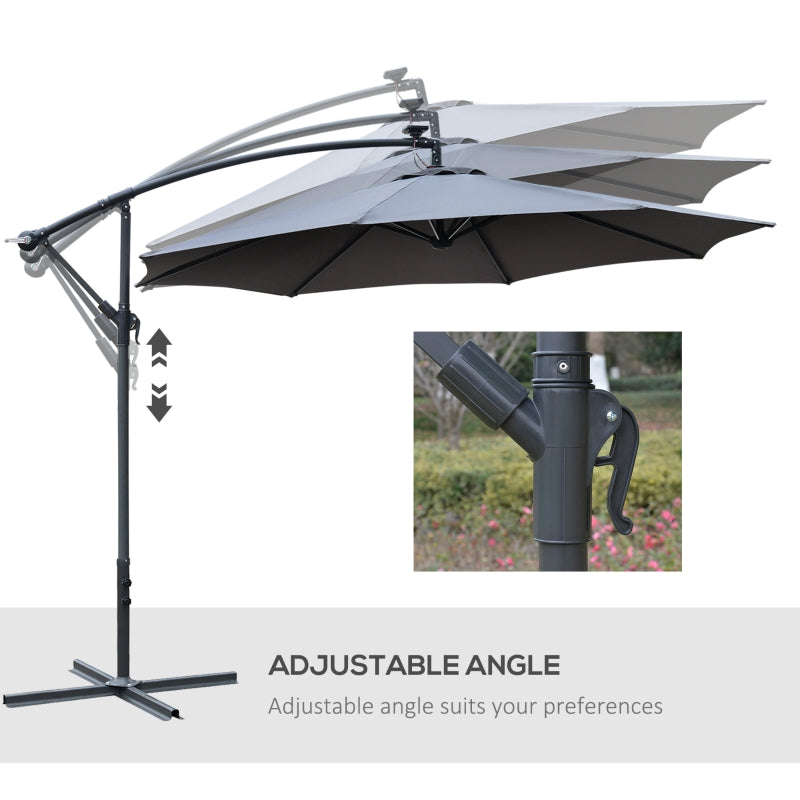 Outsunny 3(m) LED Banana Parasol Garden Cantilever Umbrella with Solar Lights, Crank Handle and Cross Base, Hanging Sun Shade, Grey