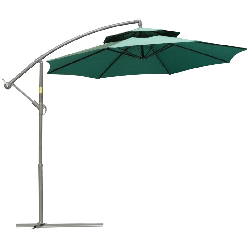 Outsunny 2.7m Banana Parasol Cantilever Umbrella with Crank Handle , Double Tier Canopy and Cross Base for Outdoor, Hanging Sun Shade, Green