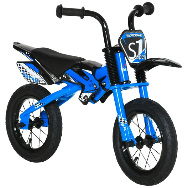 HOMCOM 12" Kids Balance Bike, No Pedal Training Bicycle, Motorbike Look, Steel Frame with Air Filled Tires, Handlebar, PU Seat for 3-6 Years Old, Blue