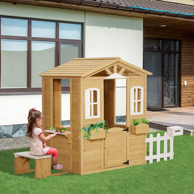 Outsunny Wooden Playhouse for Outdoor with Door Windows Mailbox Flower Pot Holder Serving Station Bench for Kids Children Toddlers Natural