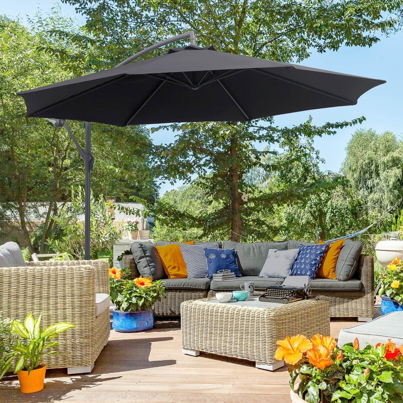 Outsunny 3(m) Garden Cantilever Parasol Patio Banana Hanging Umbrella Sun Shade with Crank & Tilt, 8 Ribs and Cross Base, Black