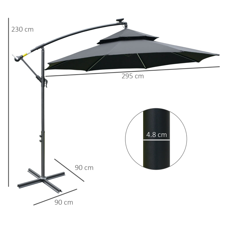 Outsunny 3(m) Cantilever Banana Parasol Hanging Umbrella with Double Roof, LED Solar lights, Crank, 8 Sturdy Ribs and Cross Base, Black