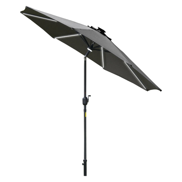 Outsunny 2.7m Garden Parasol Sun Umbrella Patio Summer Shelter w/ LED Solar Light, Angled Canopy Vent, Crank Tilt, Grey