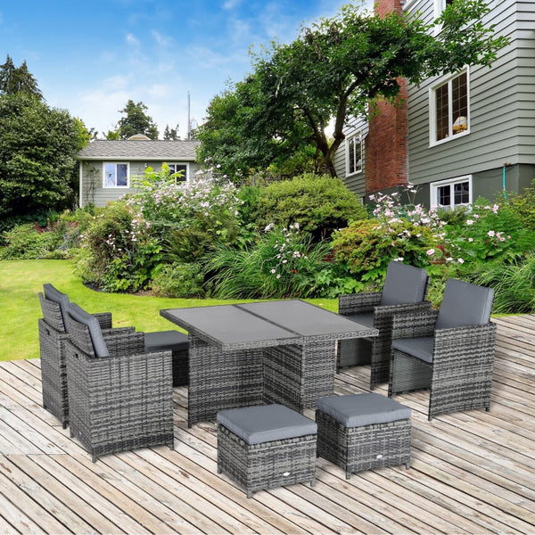 Outsunny 9PC Rattan Dining Set Garden Furniture 8-seater Wicker Outdoor Dining Set Chairs + Footrest + Table Thick Cushion - Grey