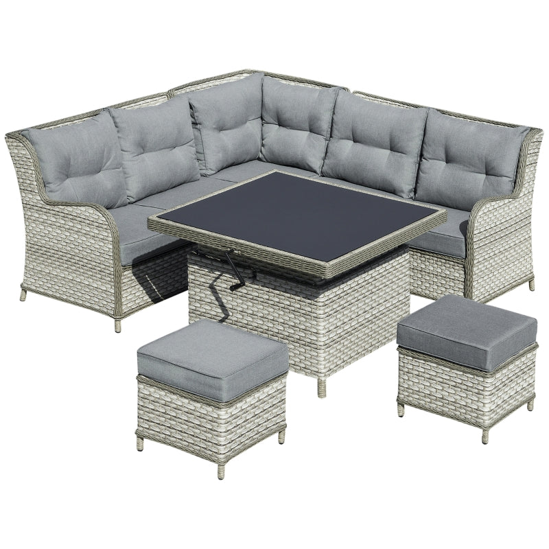 Outsunny 7-Seater Patio PE Rattan Corner Sofa w/ Adjustable Convertible Rising Table, Wicker Sectional Conversation Furniture w/ Cushions, Grey